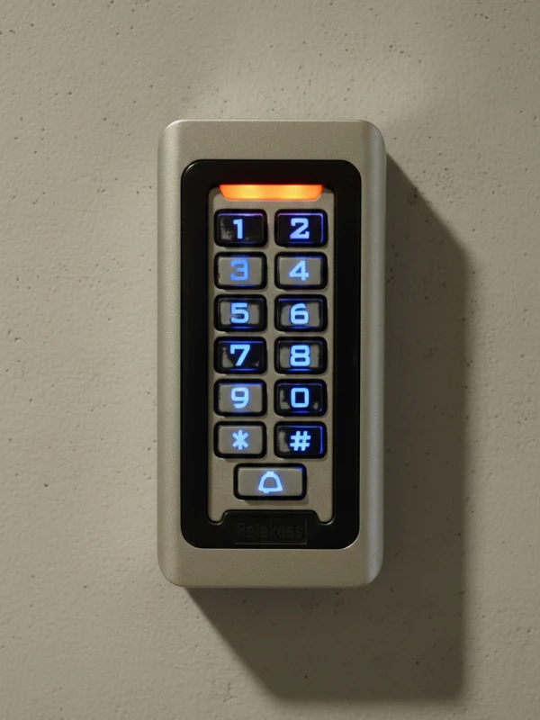 Teclado de código de acceso con números iluminados en un fondo gris